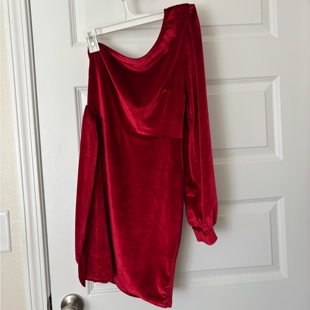 Elegant One Shoulder Red Velvet Mini Dress